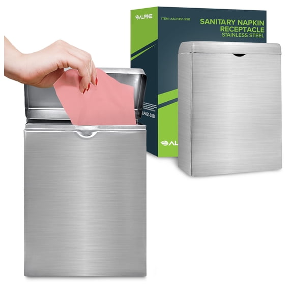 Alpine Sanitary Napkin Receptacle – Wall Mounted Tampon Holder For Bathroom, Provides Odor-Free & Clean Restroom, Perfect for Home, Office & Public Restrooms (Stainless steel)