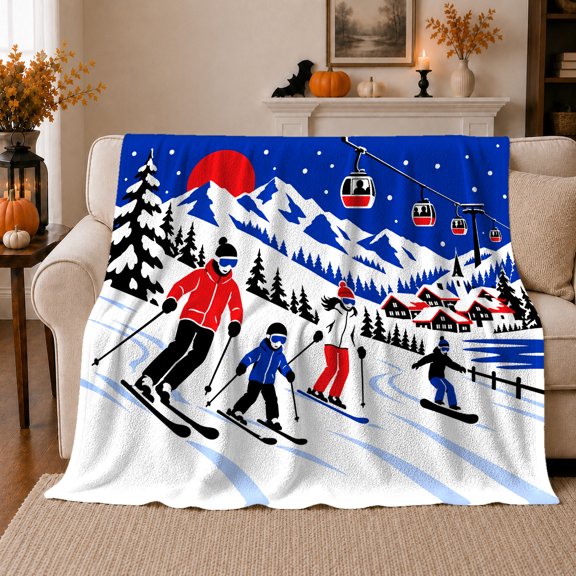 Alpine Skiing Adventure Winter Mountain Resort Bold Graphic, Peaceful Mountain Lake Scene, Warm Flannel Blanket for Cabin and Lodge, Outdoor Lovers Camping Gift, Rustic Home Decor
