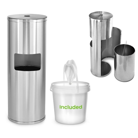 Alpine Stainless Steel Disinfecting Wipes Dispenser Floor Stand - Large Capacity Gym Wipes Dispenser with Trash Can, Smudge Resistant Coating Sanitizing Stand - Disinfectant Wipes Container Included