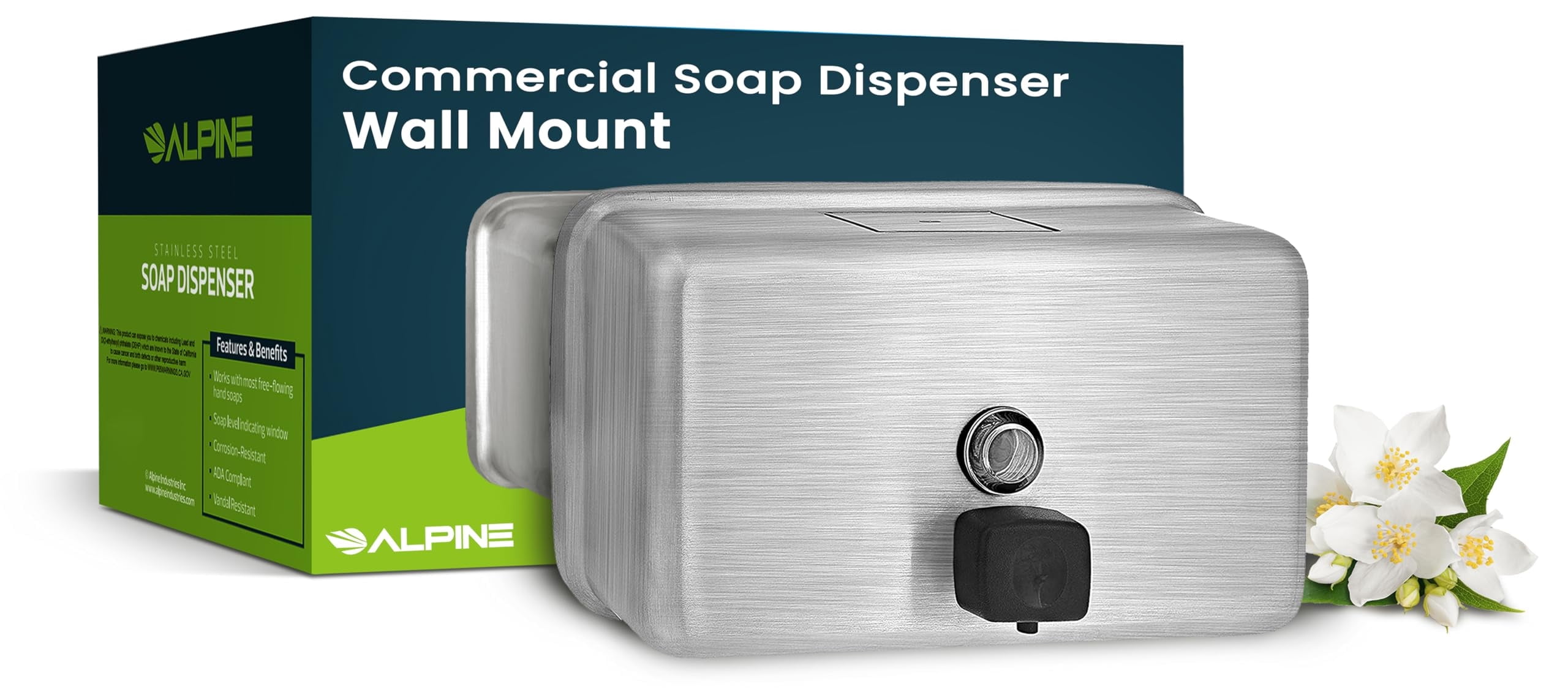 Alpine Stainless Steel Soap Dispenser Wall Mount - Commercial Liquid Soap Dispenser Perfect for Bathroom, Kitchen, Refillable 1200 ml ADA Compliant (Horizontal)