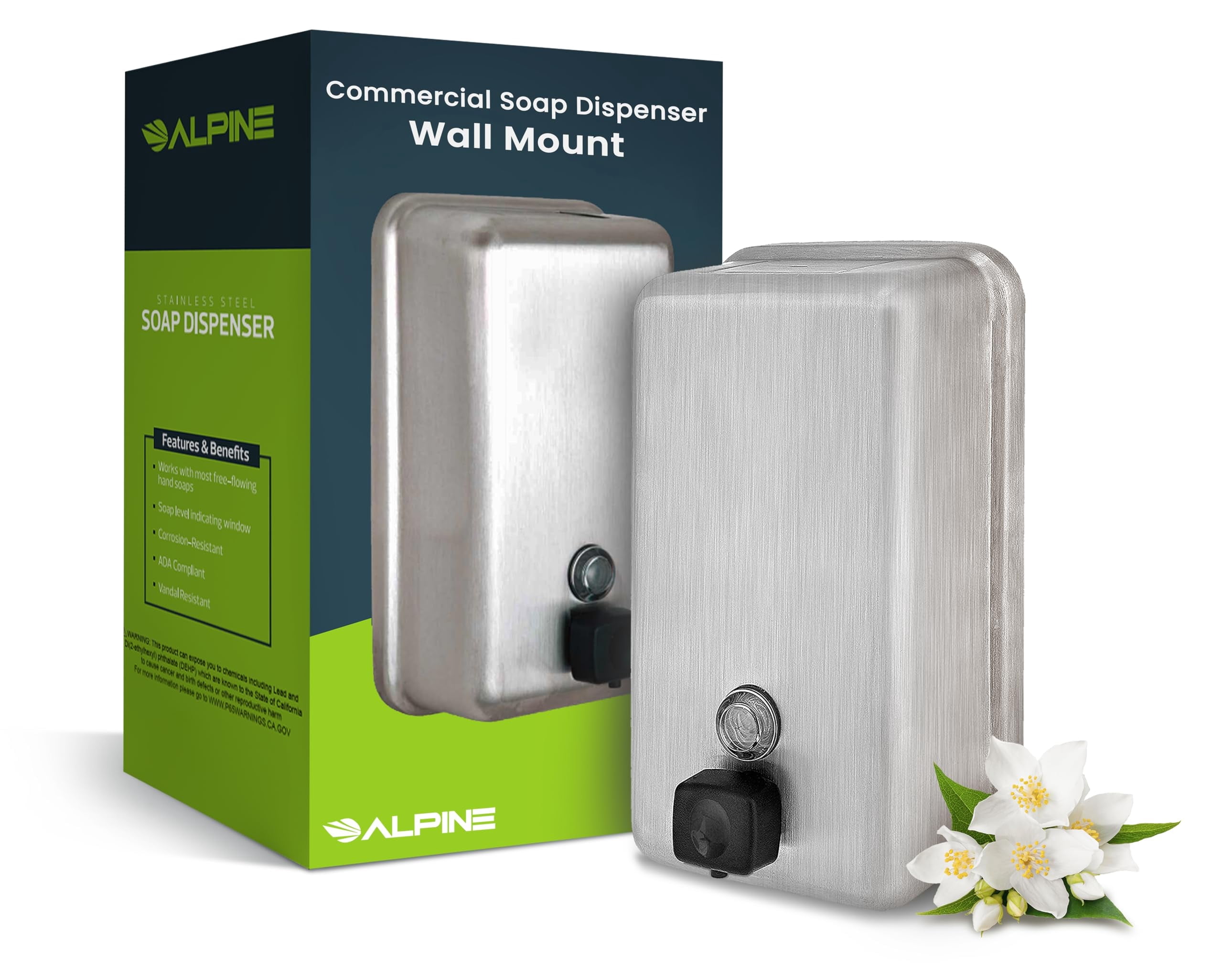 Alpine Stainless Steel Soap Dispenser Wall Mount - Commercial Liquid Soap Dispenser Perfect for Bathroom, Kitchen, Refillable 1200 ml ADA Compliant (Vertical)