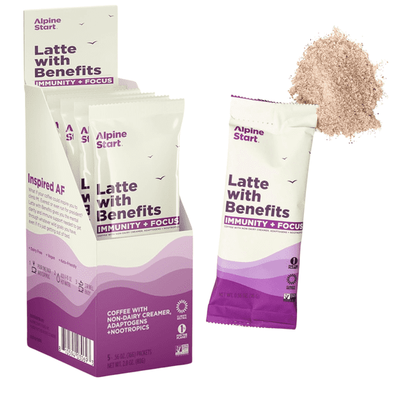 Alpine Start Instant Latte Mix with Benefits - Individual Powder Packets with Organic Coffee, Non-Dairy Creamer, Lion's Mane and Reishi Mushroom + Vegan Vitamins D and A (0.56 OZ Sticks) Box of 5