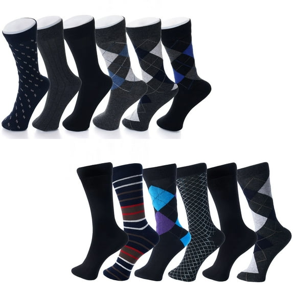 Alpine Swiss 12 Pack Mens Cotton Dress Socks Mid Calf Argyle Pattern Solids Set