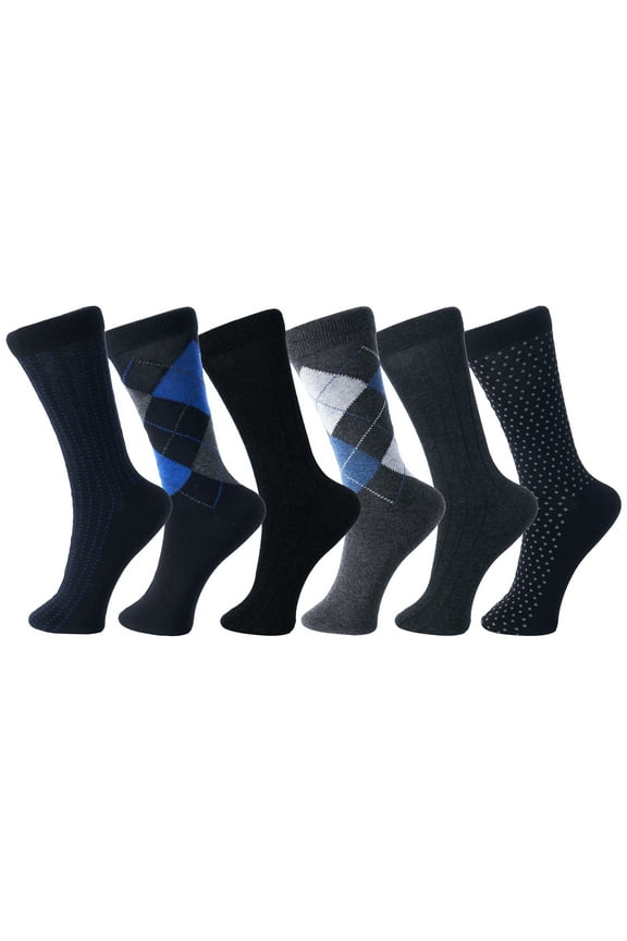Mens Dress Socks 6 Pair Crew Sock Cotton Dress Socks for Men Solid Ribbed Argyle Pattern Multicolor Fun Designs
