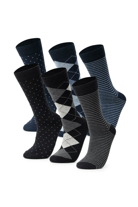 Mens Dress Socks 6 Pair Crew Sock Cotton Dress Socks for Men Solid Ribbed Argyle Pattern Multicolor Fun Designs