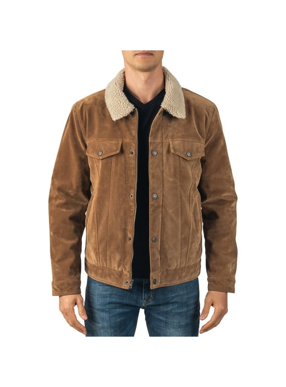 Aaron Mens Trucker Jacket Sherpa Collar Vegan Leather Warm Casual Coat