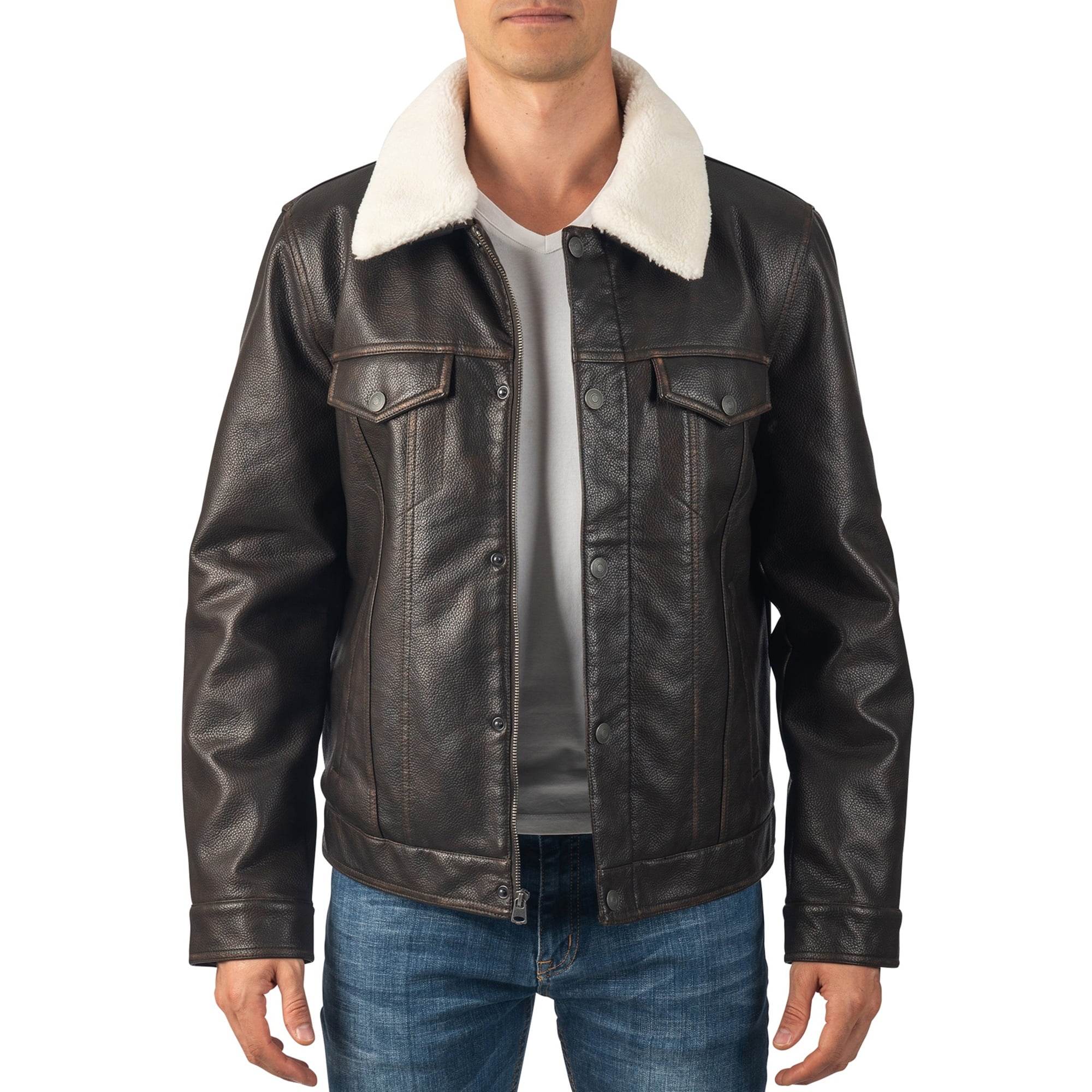 Alpine Swiss Aaron Mens Trucker Jacket Sherpa Collar Vegan Leather