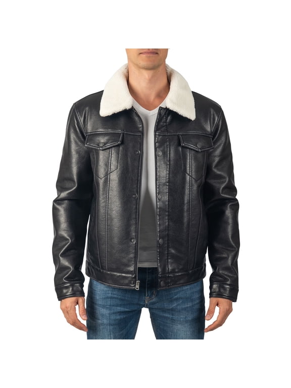 Aaron Mens Trucker Jacket Sherpa Collar Vegan Leather Warm Casual Coat