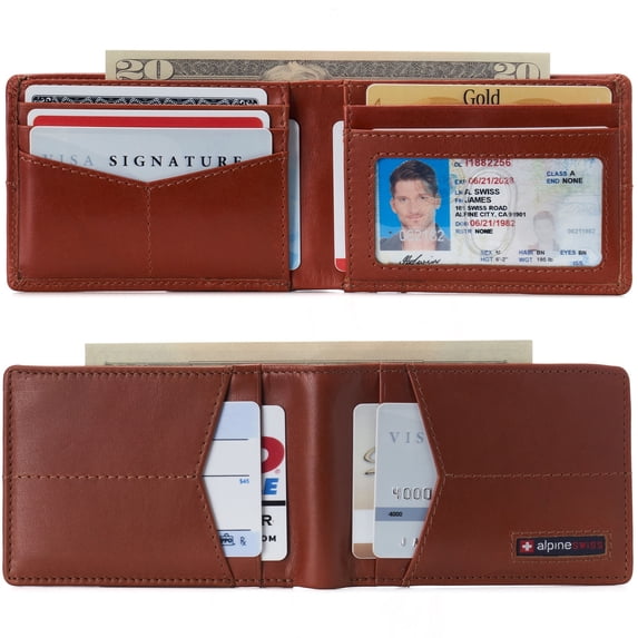 Alpine Swiss Delaney Slim Bifold Wallet | Front Pocket Wallet | 8 Card Slots ID Window | Outside Card Slot| RFID Protected Premium Leather | Gift Box Glossy Tan
