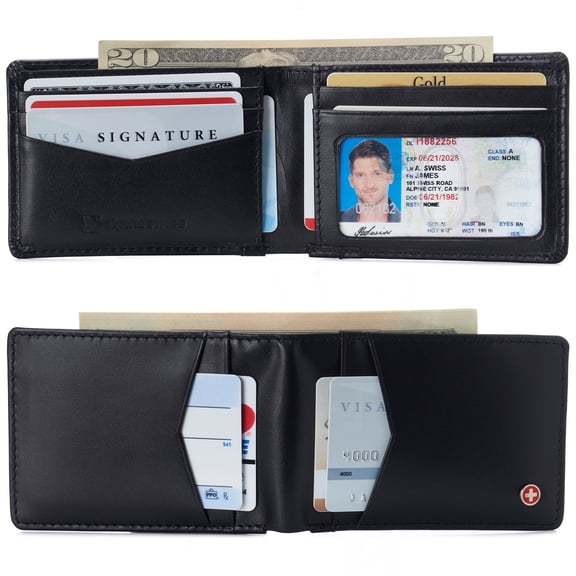 Alpine Swiss Delaney Slim Bifold Wallet | Front Pocket Wallet | 8 Card Slots ID Window | Outside Card Slot| RFID Protected Premium Leather | Gift Box Smooth Black
