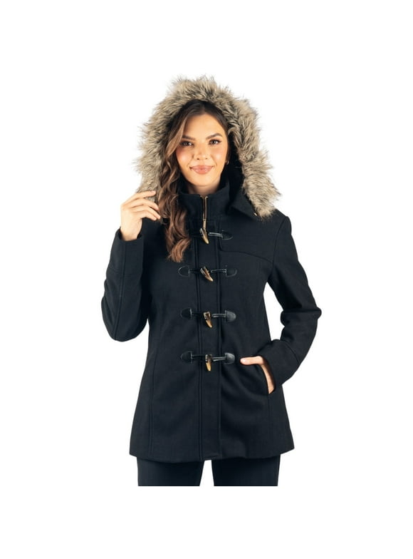 Duffy Womens Wool Blend Toggle Coat Removable Faux Fur Hood Classic Duffle Overcoat Warm Winter Jacket BLK 2XL