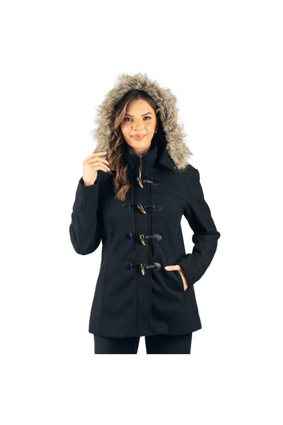 Duffy Womens Wool Blend Toggle Coat Removable Faux Fur Hood Classic Duffle Overcoat Warm Winter Jacket BLK 2XL