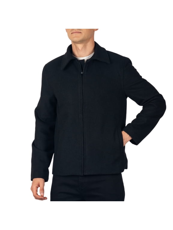 Grant Mens Wool Blend Jacket Classic Zip Up Coat Business Casual Hip Length Classic Collar Jacket BLK MED