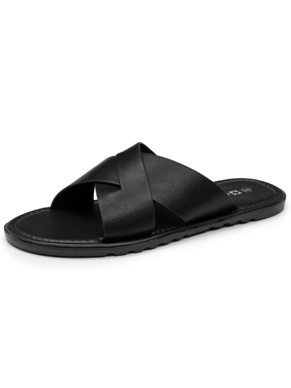 Hugo Mens Vegan Leather Slide Sandals Dressy Comfy Indoor Outdoor Shoes Cross Strap Design for Casual Elevated Wear Anti-Slip Flip Flops
