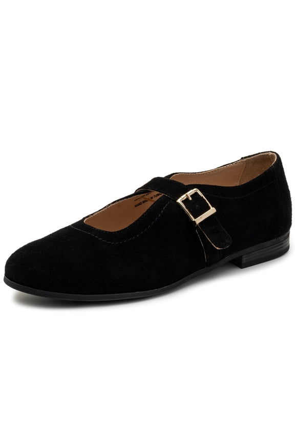 Irene Womens Leather Mary Jane Ballet Flats Round Toe Slip On Shoes Ankle Strap Dressy Comfort Flats BLKSuede 10
