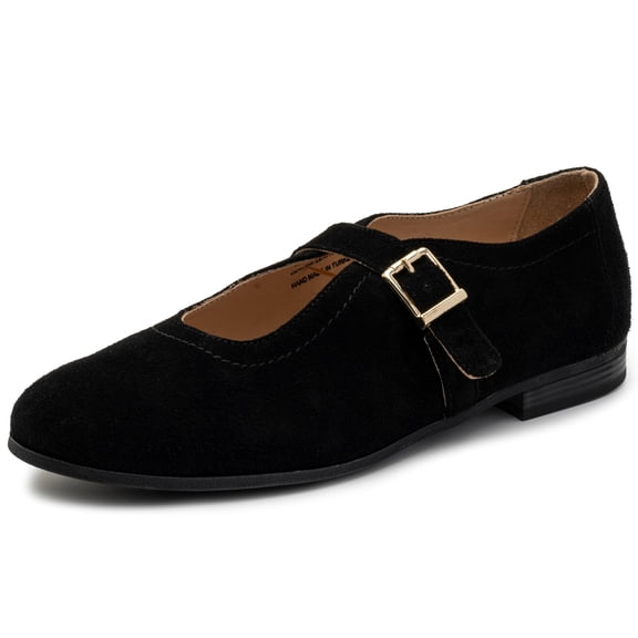 Alpine Swiss Irene Womens Leather Mary Jane Ballet Flats Round Toe Slip On Shoes Ankle Strap Dressy Comfort Flats BLKSuede 7