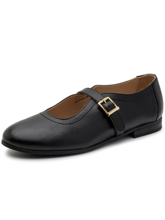 Irene Womens Leather Mary Jane Ballet Flats Round Toe Slip On Shoes Ankle Strap Dressy Comfort Flats Black 9