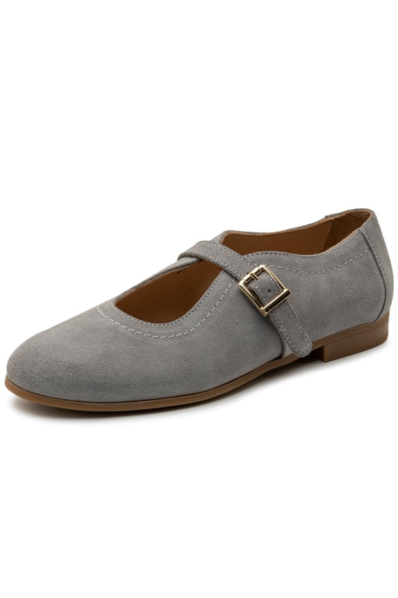 Irene Womens Leather Mary Jane Ballet Flats Round Toe Slip On Shoes Ankle Strap Dressy Comfort Flats GRY Suede 8