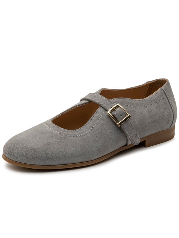 Irene Womens Leather Mary Jane Ballet Flats Round Toe Slip On Shoes Ankle Strap Dressy Comfort Flats GRY Suede 9