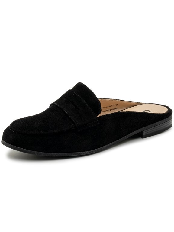 Linda Womens Leather Mule Loafers Backless Penny Loafer Dressy Mule Slides Slip On Flat Work Shoes BLK Suede 10