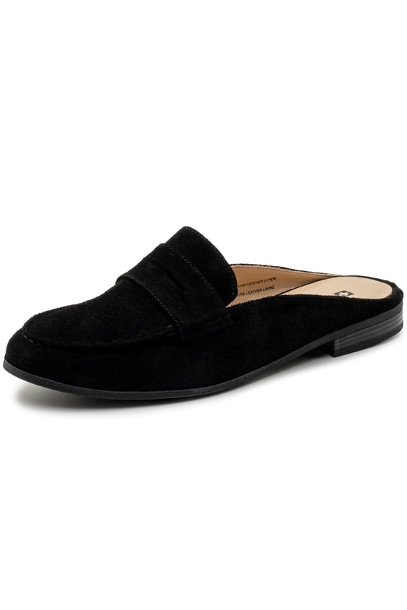 Linda Womens Leather Mule Loafers Backless Penny Loafer Dressy Mule Slides Slip On Flat Work Shoes BLK Suede 7