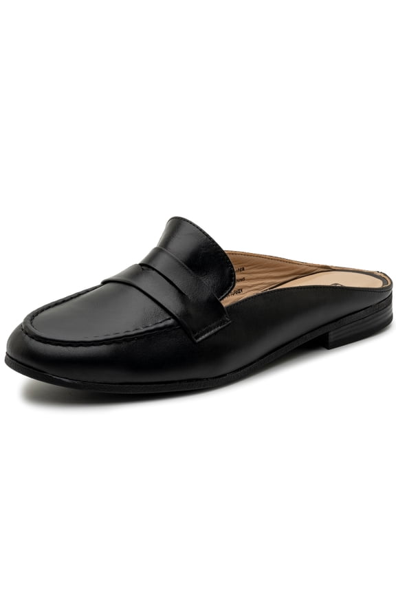 Linda Womens Leather Mule Loafers Backless Penny Loafer Dressy Mule Slides Slip On Flat Work Shoes Black 10