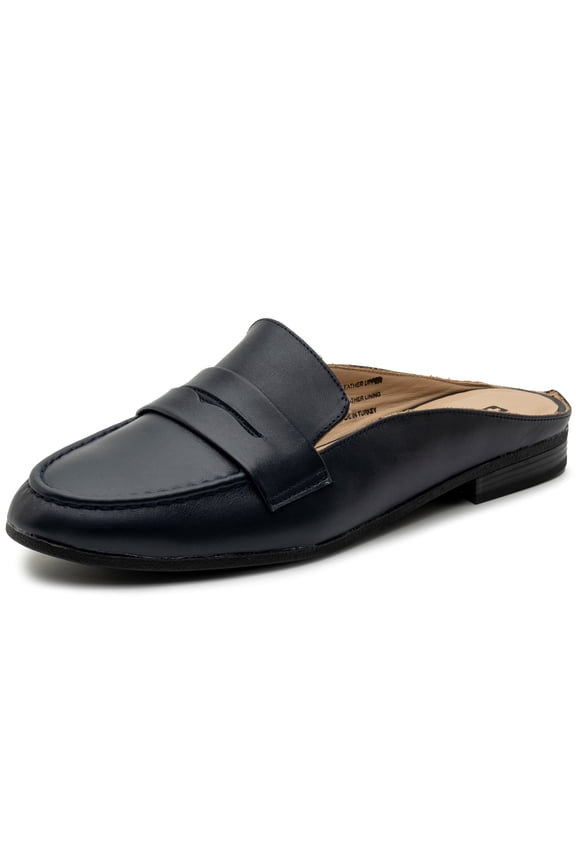 Linda Womens Leather Mule Loafers Backless Penny Loafer Dressy Mule Slides Slip On Flat Work Shoes Navy 9