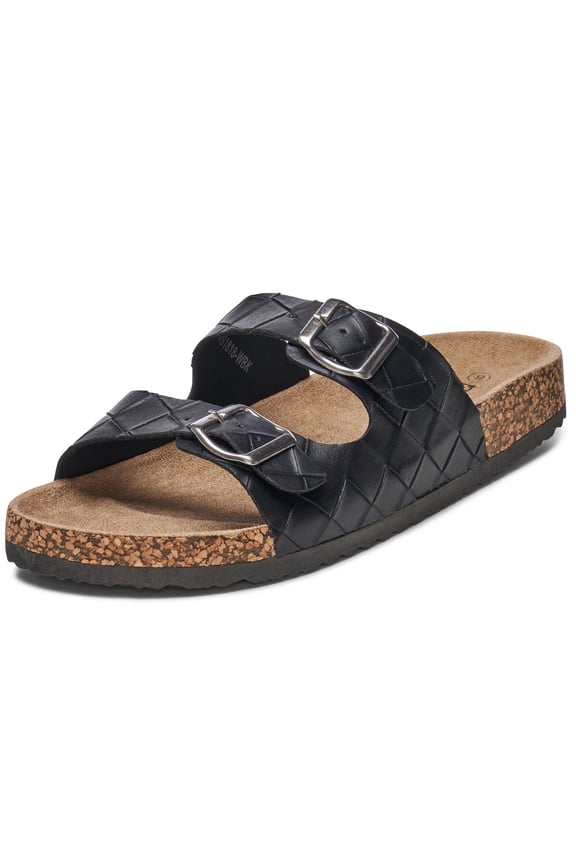 Mens Double Strap Slide Sandals with EVA Sole - Flat Casual Comfort Shoes, Woven Black