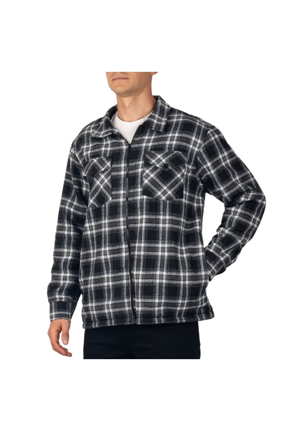Mens Felix Fleece Lined Flannel Jacket Heavyweight Zip-Up Plaid Shirt Shacket Warm Winter Outerwear BKGY LRG