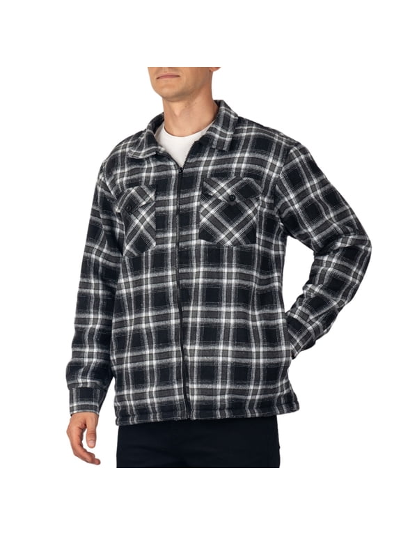 Mens Felix Fleece Lined Flannel Jacket Heavyweight Zip-Up Plaid Shirt Shacket Warm Winter Outerwear BKGY MED