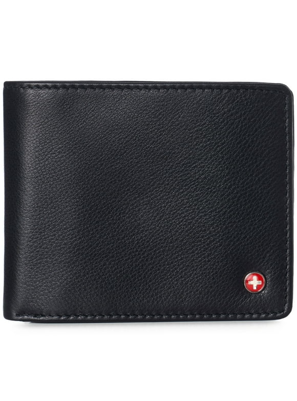 Alpine Swiss Mens Leather RFID Bifold Wallet 2 ID Windows Divided Bill Section