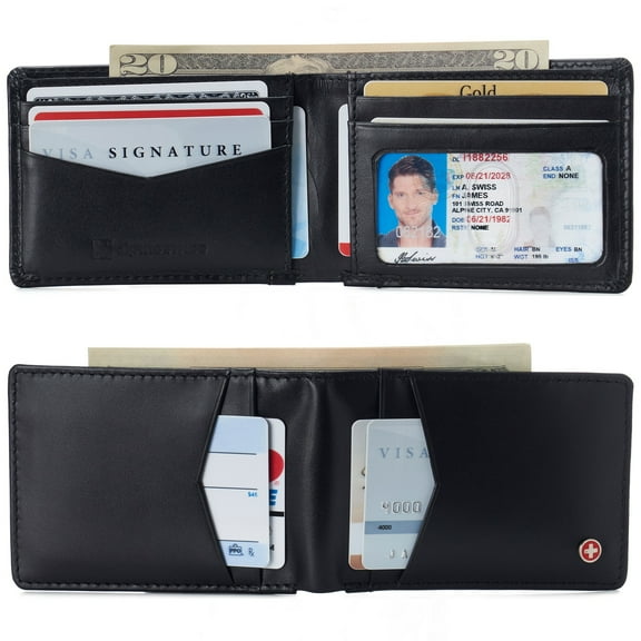 Alpine Swiss Delaney Slim Bifold Wallet | Front Pocket Wallet | 8 Card Slots ID Window | Outside Card Slot| RFID Protected Premium Leather | Gift Box Smooth Black