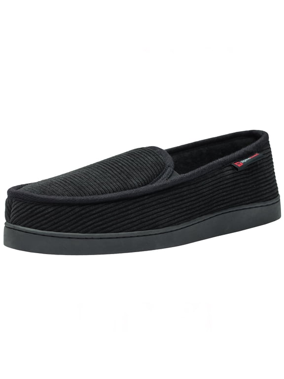 Wide Mens Slippers Steve Moccasin House Shoes Memory Foam Insole Corduroy Slip-On Terry Lining Indoor Outdoor Non-Slip Rubber Outsole