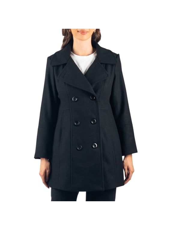 Norah Womens Wool Blend Peacoat Runs Large Classic Double Breasted Winter Coat Long Pea Coat Jacket BLK 2XL