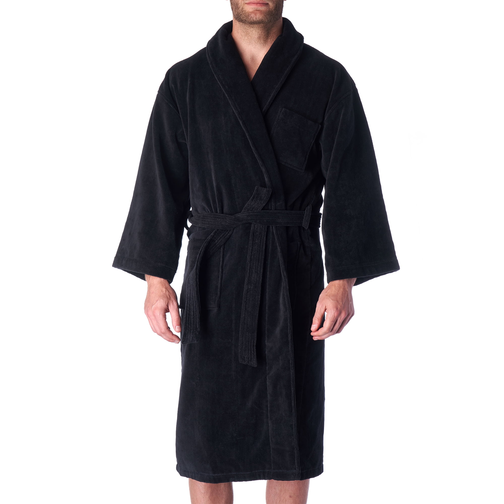 XL Black Cotton Terry Cloth Bathrobe with Shawl Collar