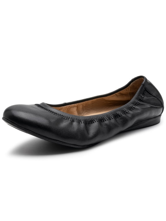 Sarah Womens Leather Ballet Flats Round Toe Slip On Cushioned Comfortable Flats Dressy Work Shoes Black 6