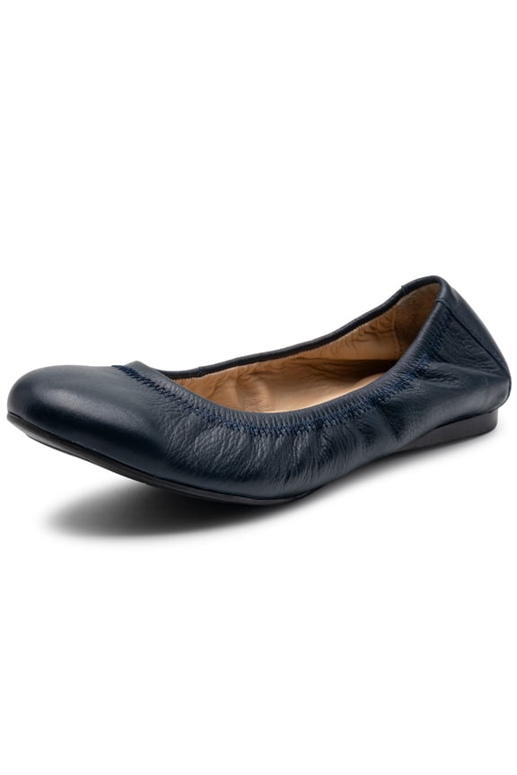 Sarah Womens Leather Ballet Flats Round Toe Slip On Cushioned Comfortable Flats Dressy Work Shoes Navy 6