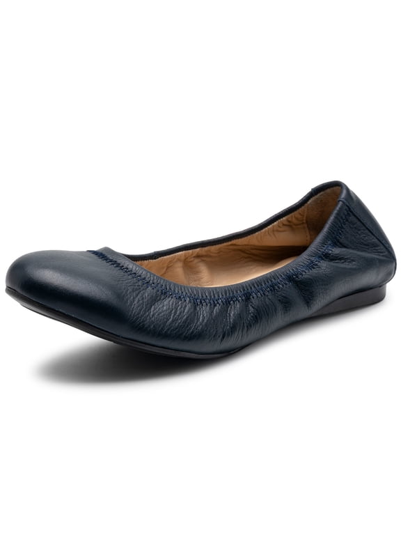 Sarah Womens Leather Ballet Flats Round Toe Slip On Cushioned Comfortable Flats Dressy Work Shoes Navy 7