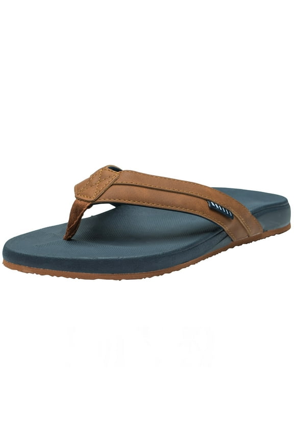 Trey Mens Flip Flops Cushion Thong Beach Sandals for Men Non-Slip Sole Men Shoes Arch Support Durable Treaded Sole Rugged Faux Leather Sandals