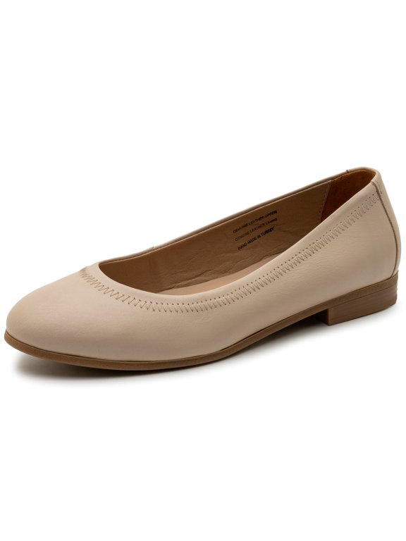 Wendy Womens Leather Ballet Flats Classic Round Toe Slip On Shoes Comfortable Professional Dressy Flats Cream 9