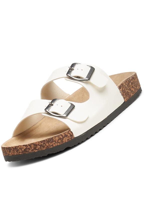 Womens Double Strap Contour Sandals Slip on Buckle Slides Vegan Leather Footbed Sandal Ergonomic Cork-Inspired Sole Summer Footwear