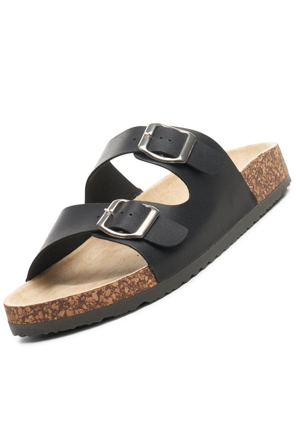 Womens Double Strap Contour Sandals Slip on Buckle Slides Vegan Leather Footbed Sandal Ergonomic Cork-Inspired Sole Summer Footwear