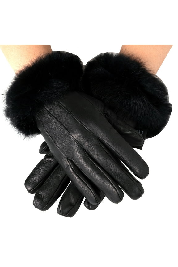 Womens Dressy Gloves Genuine Leather Thermal Lining Faux Fur Trim Cuff