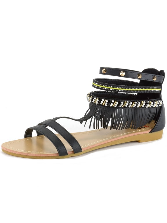 Womens Fringe Sandals Beaded & Studded Strappy Gladiator Ankle Flat