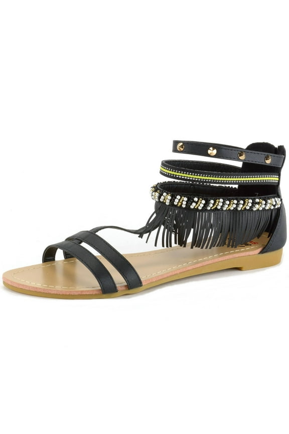 Womens Fringe Sandals Beaded & Studded Strappy Gladiator Ankle Flat
