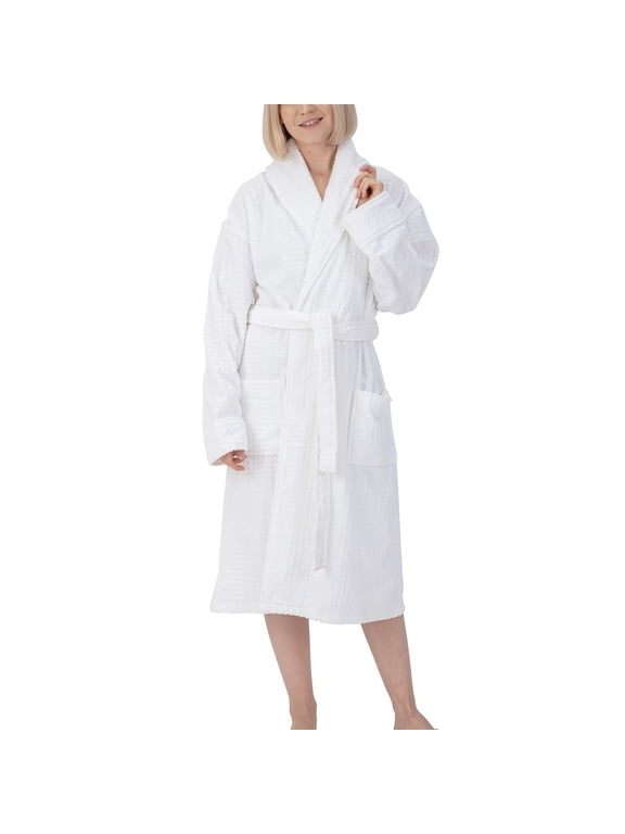 Womens Luxury Waffle Knit Cotton Bathrobe Shawl Collar Spa Robe
