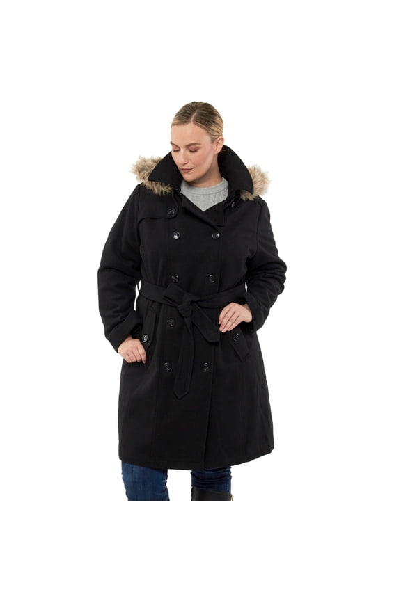 Womens Parka Trench Pea Coat Belt Jacket Faux Fur Hood Reg & Plus Sizes
