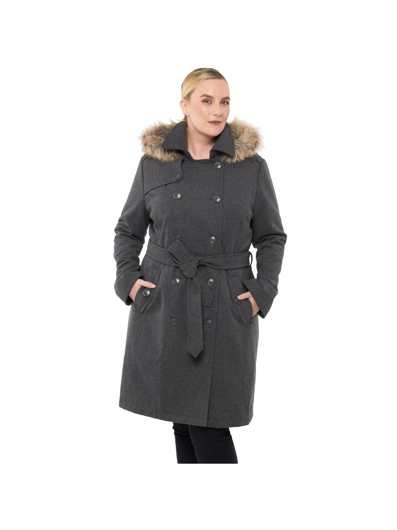 Alpine Swiss Womens Parka Trench Pea Coat Belt Jacket Faux Fur Hood Reg & Plus Sizes - image 1 of 7