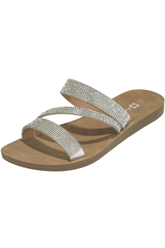 Womens Rhinestone Slide Sandals Dressy Summer Strappy Flat Shoes
