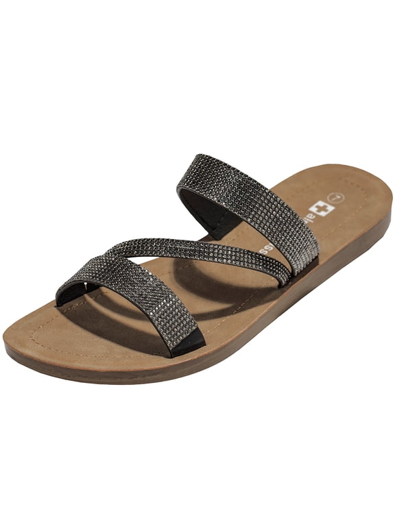 Womens Rhinestone Slide Sandals Dressy Summer Strappy Flat Shoes
